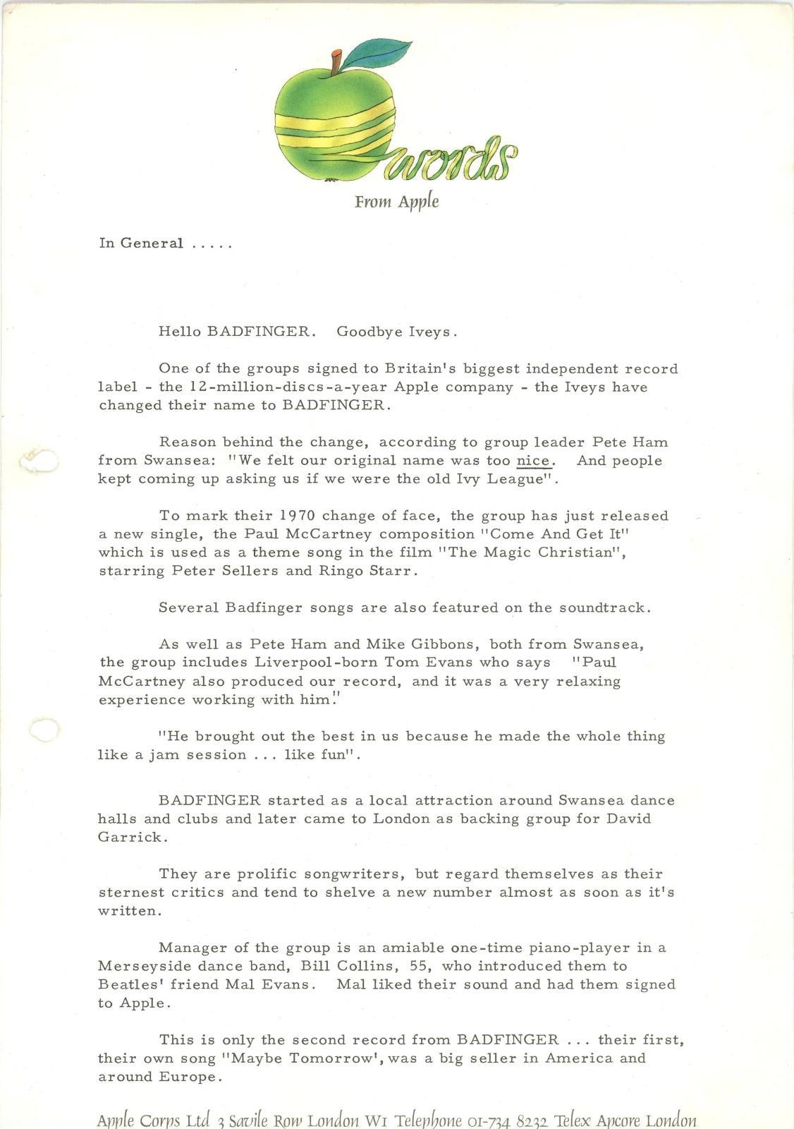 Words from apple Badfinger/Iveys Letter 1970