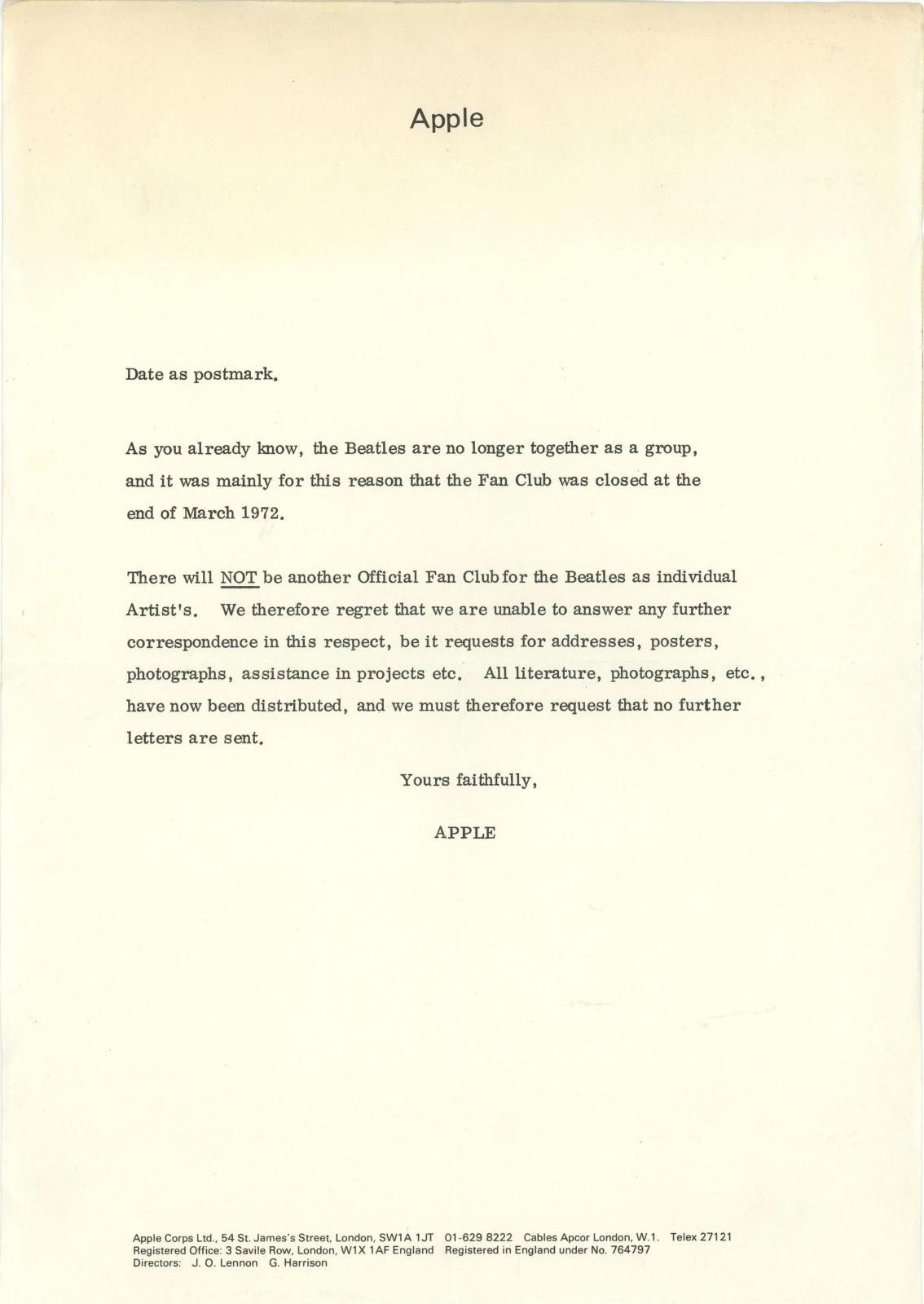 Beatles Fan Club Closing letter 1972
