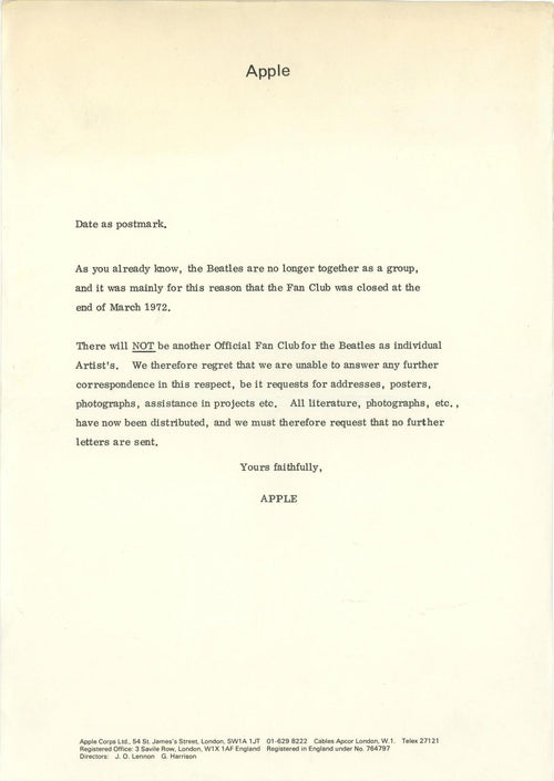 Beatles Fan Club Closing letter 1972