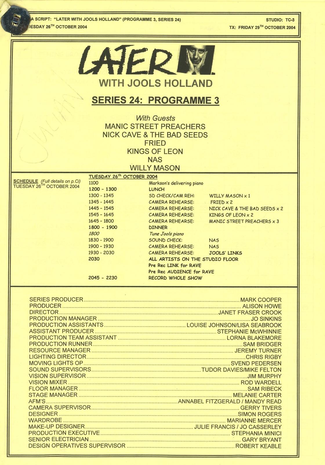 BBC script for later with Jools Holland series 24 programme 3 featuring Manic Street Preachers 2004