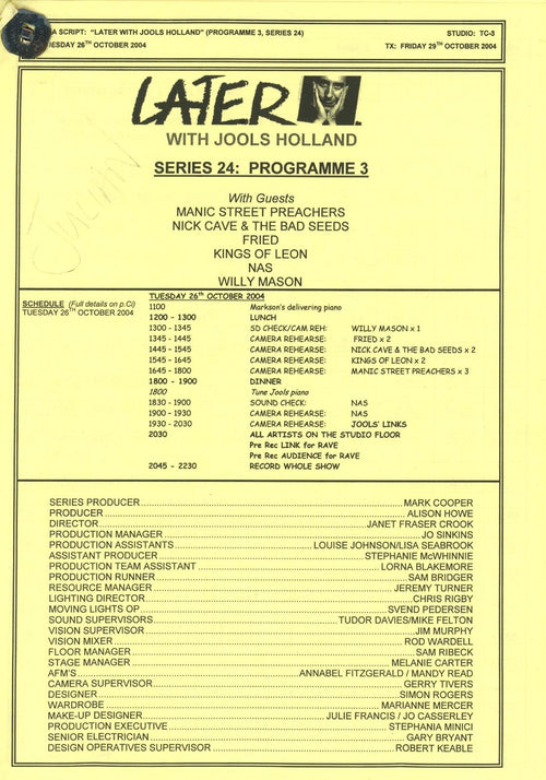 BBC script for later with Jools Holland series 24 programme 3 featuring Manic Street Preachers 2004