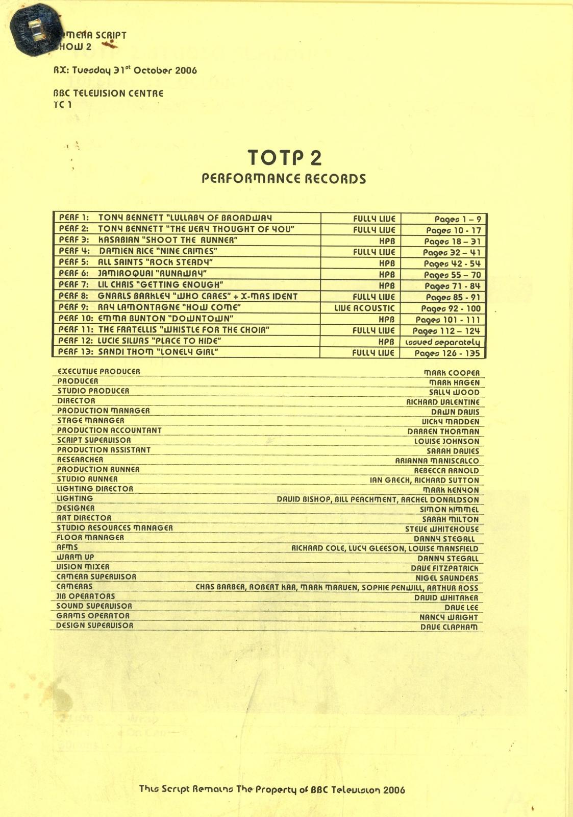 BBC television show TOTP 2 script 2006