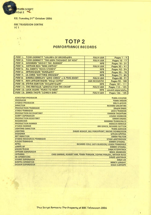 BBC television show TOTP 2 script 2006