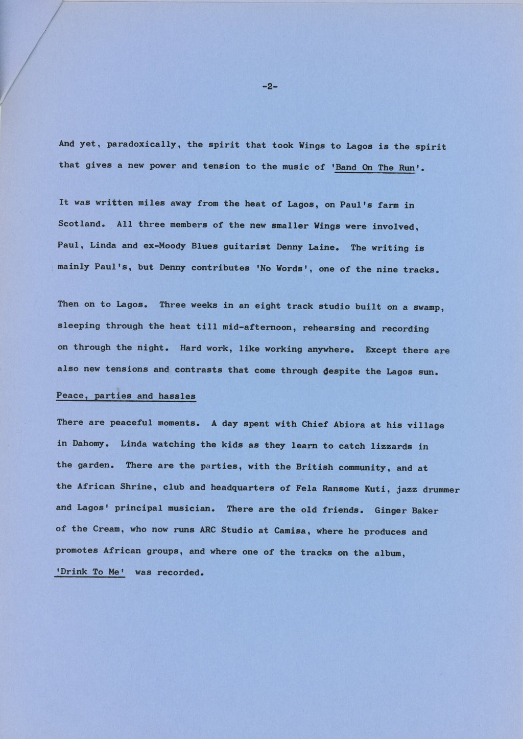 Paul McCartney and Wings Band on the Run press release booklet 1973