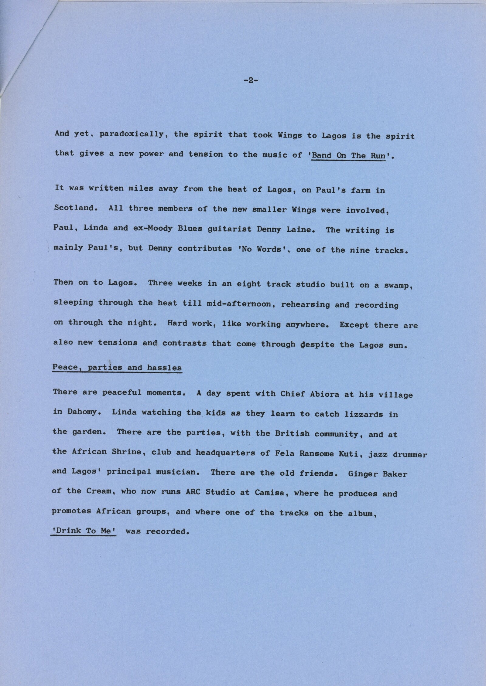Paul McCartney and Wings Band on the Run press release booklet 1973