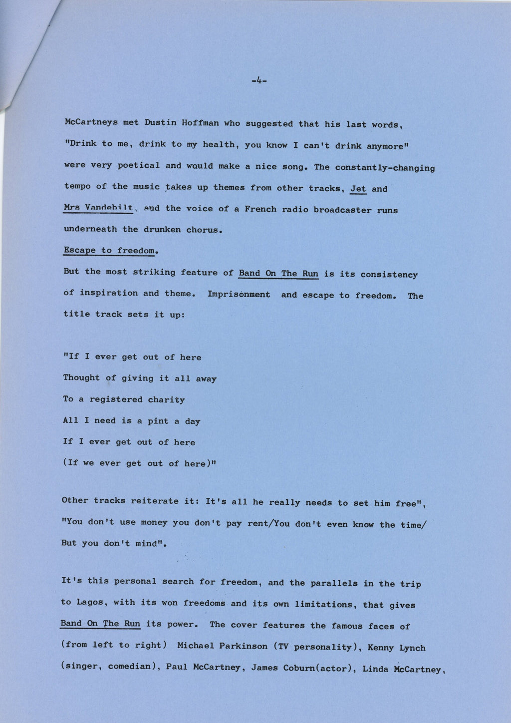 Paul McCartney and Wings Band on the Run press release booklet 1973