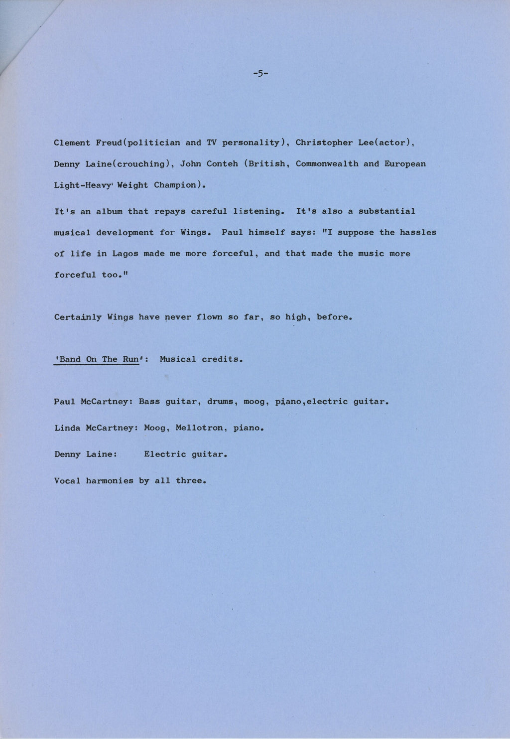 Paul McCartney and Wings Band on the Run press release booklet 1973