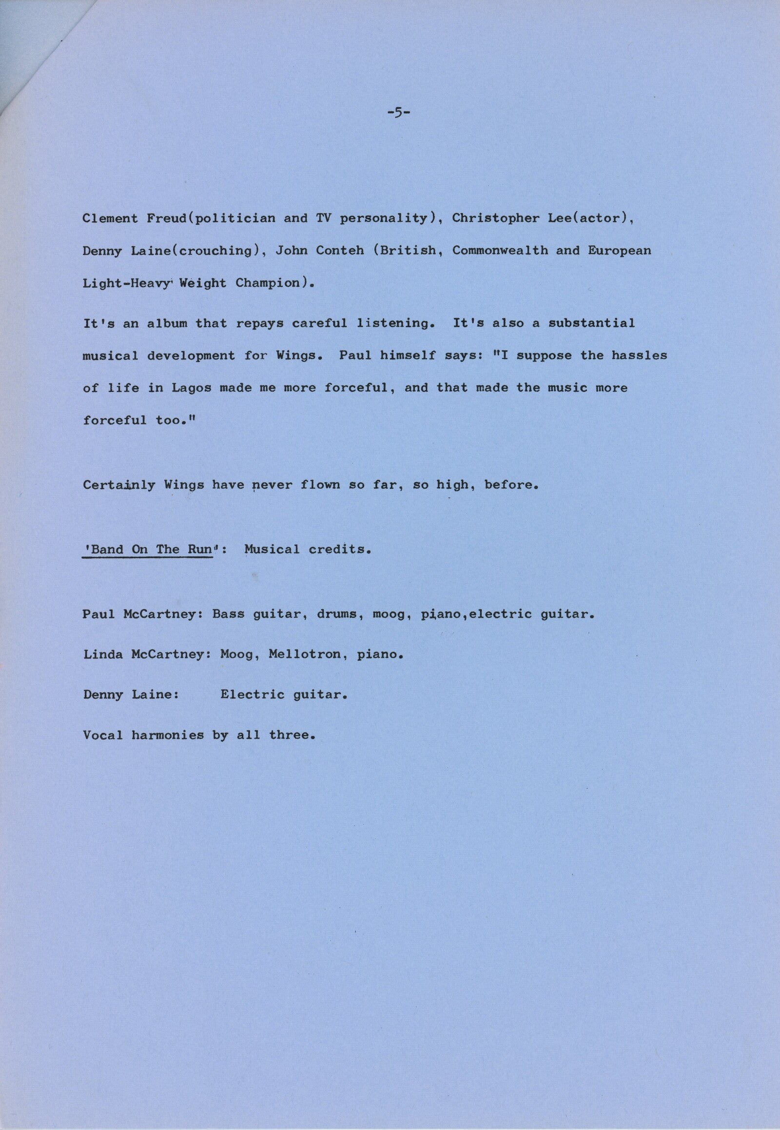Paul McCartney and Wings Band on the Run press release booklet 1973