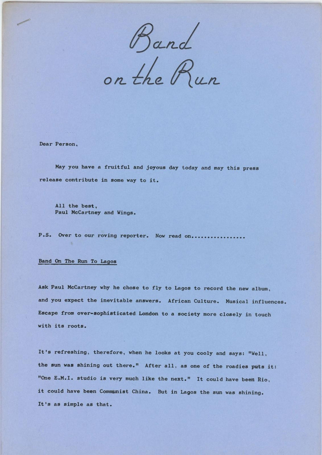 Paul McCartney and Wings Band on the Run press release booklet 1973