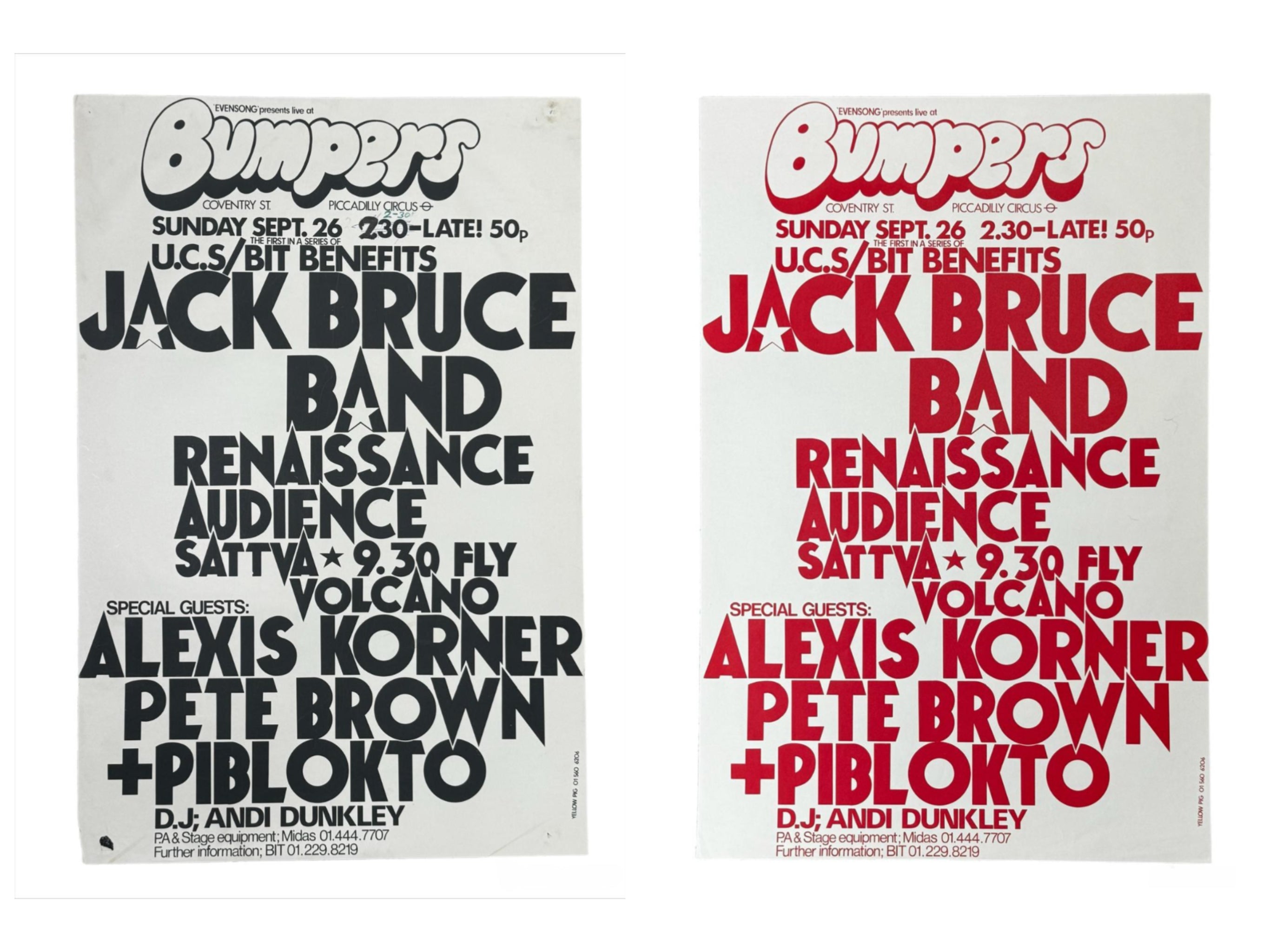 Jack Bruce Band — Bumpers Club Posters, 1971