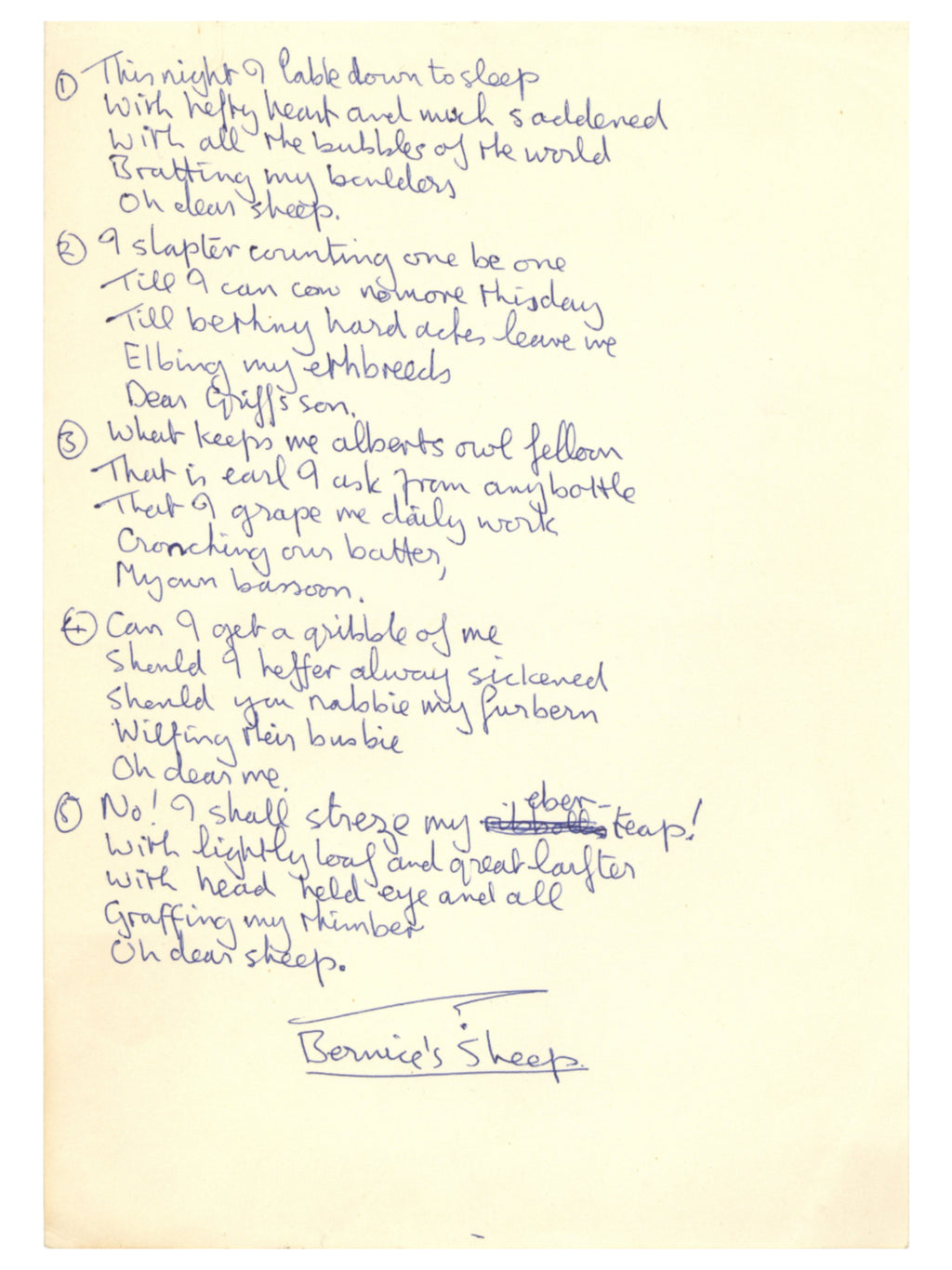 John Lennon Handwritten Manuscript Poem for “Bernice’s Sheep” from “A Spaniard in the Works” 1965