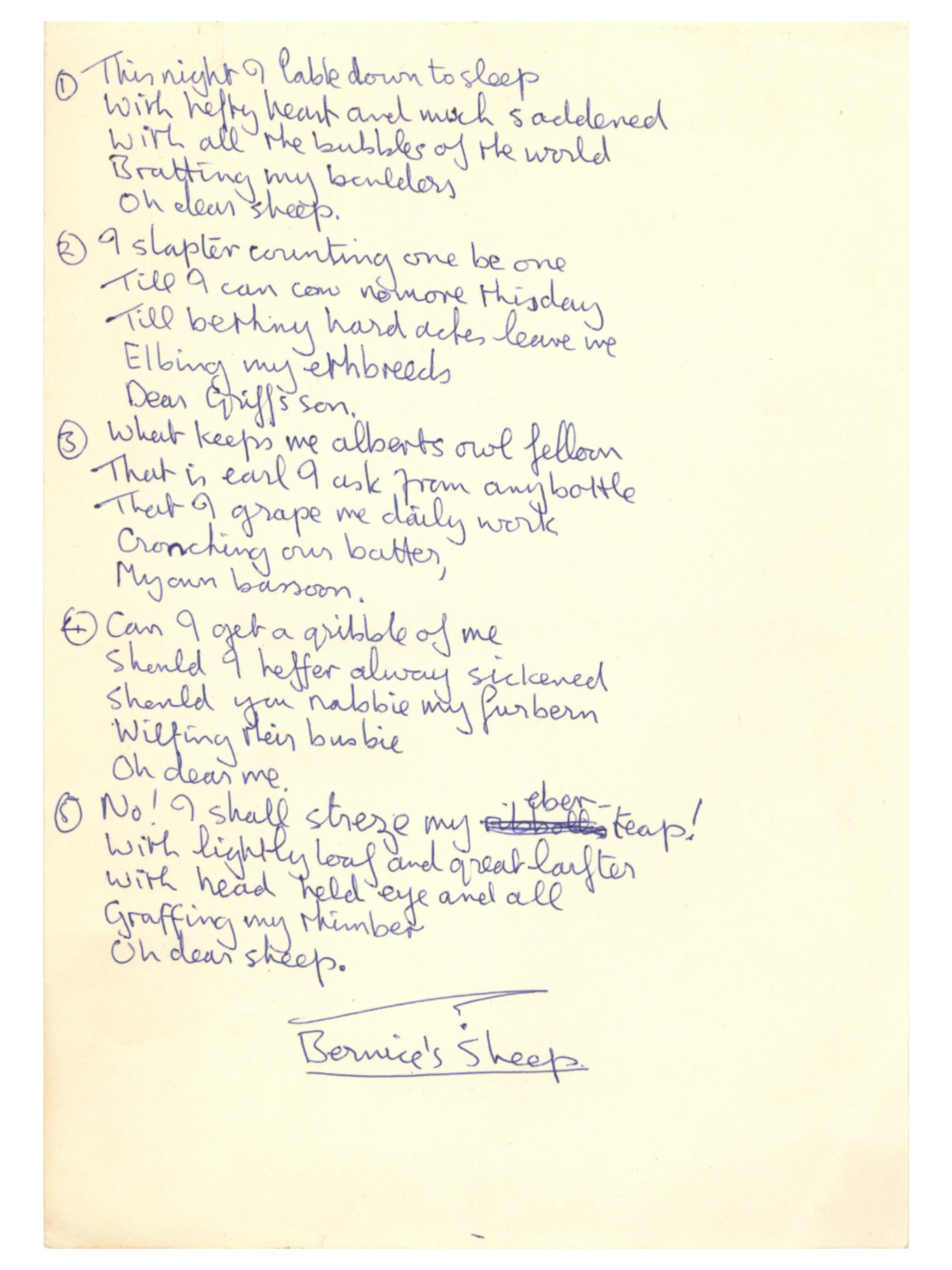 John Lennon Handwritten Manuscript Poem for “Bernice’s Sheep” from “A Spaniard in the Works” 1965