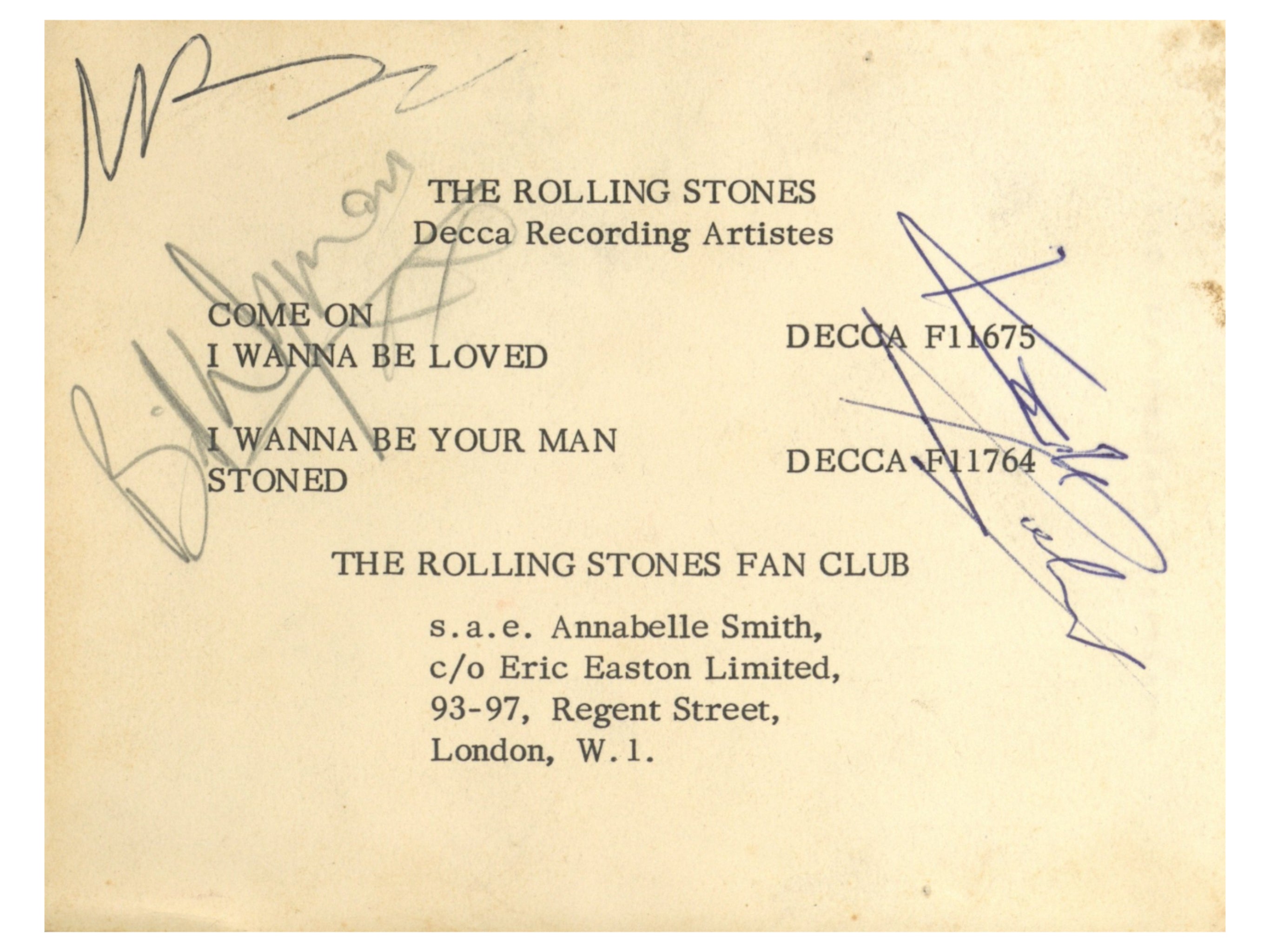 Rolling Stones signed Decca Records Promo Card 1963