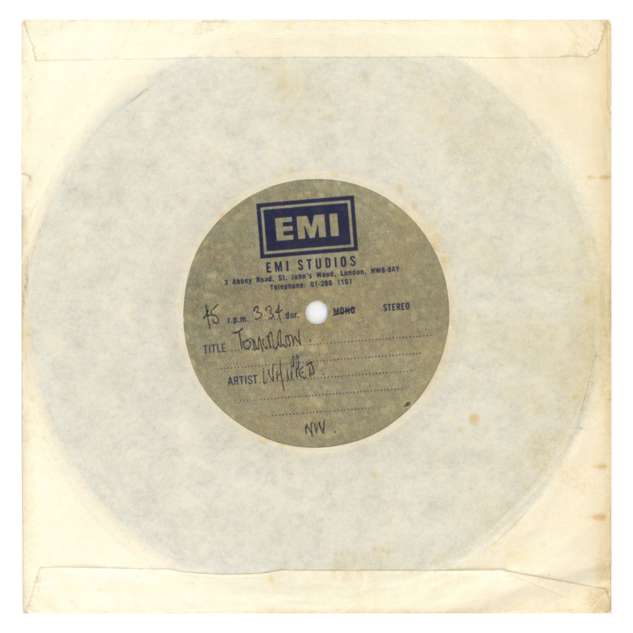 The Whippets (Wings) – "Proud Mother" / "Tomorrow" – EMI Studios 7" Acetate