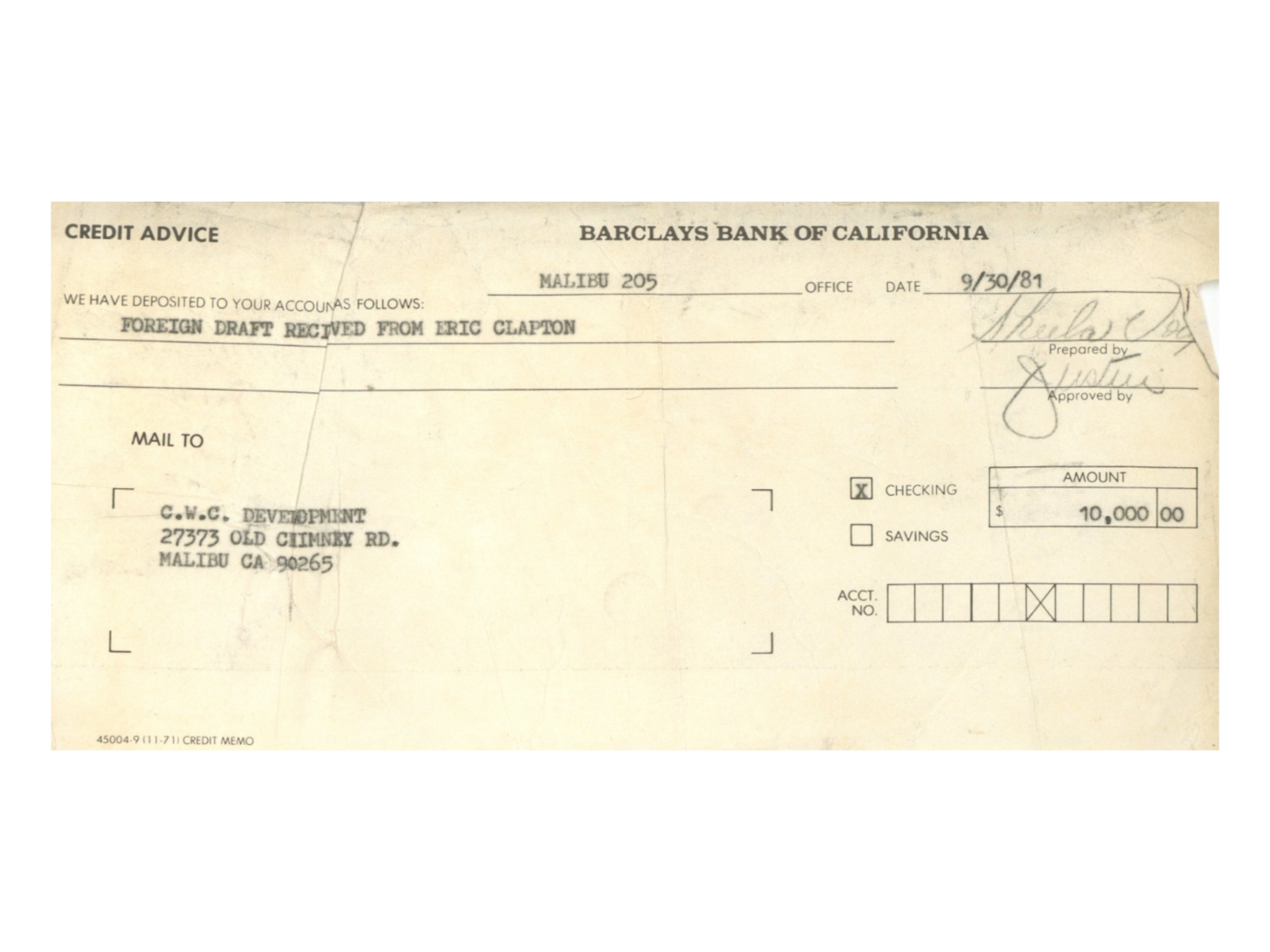 Eric Clapton Barclays Bank Cheque Deposit