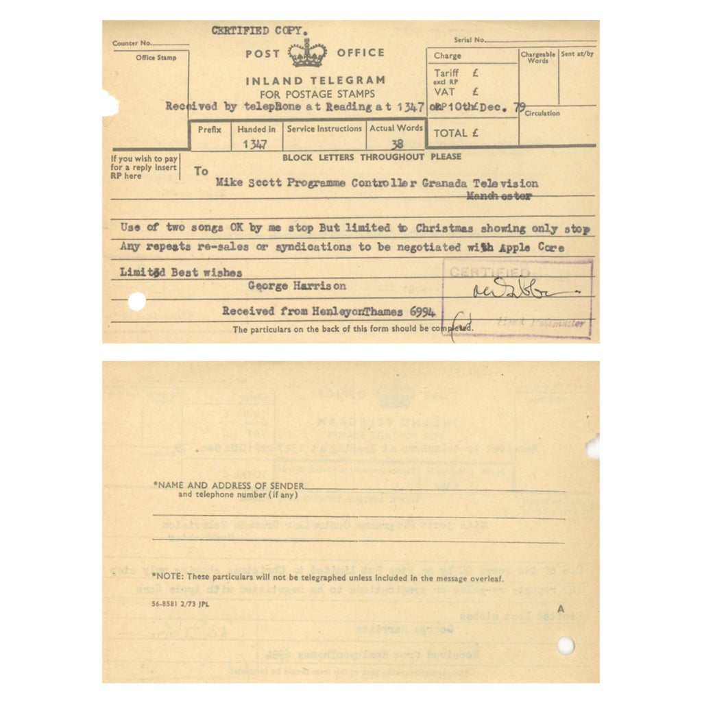 George Harrison annotated Telex 1979