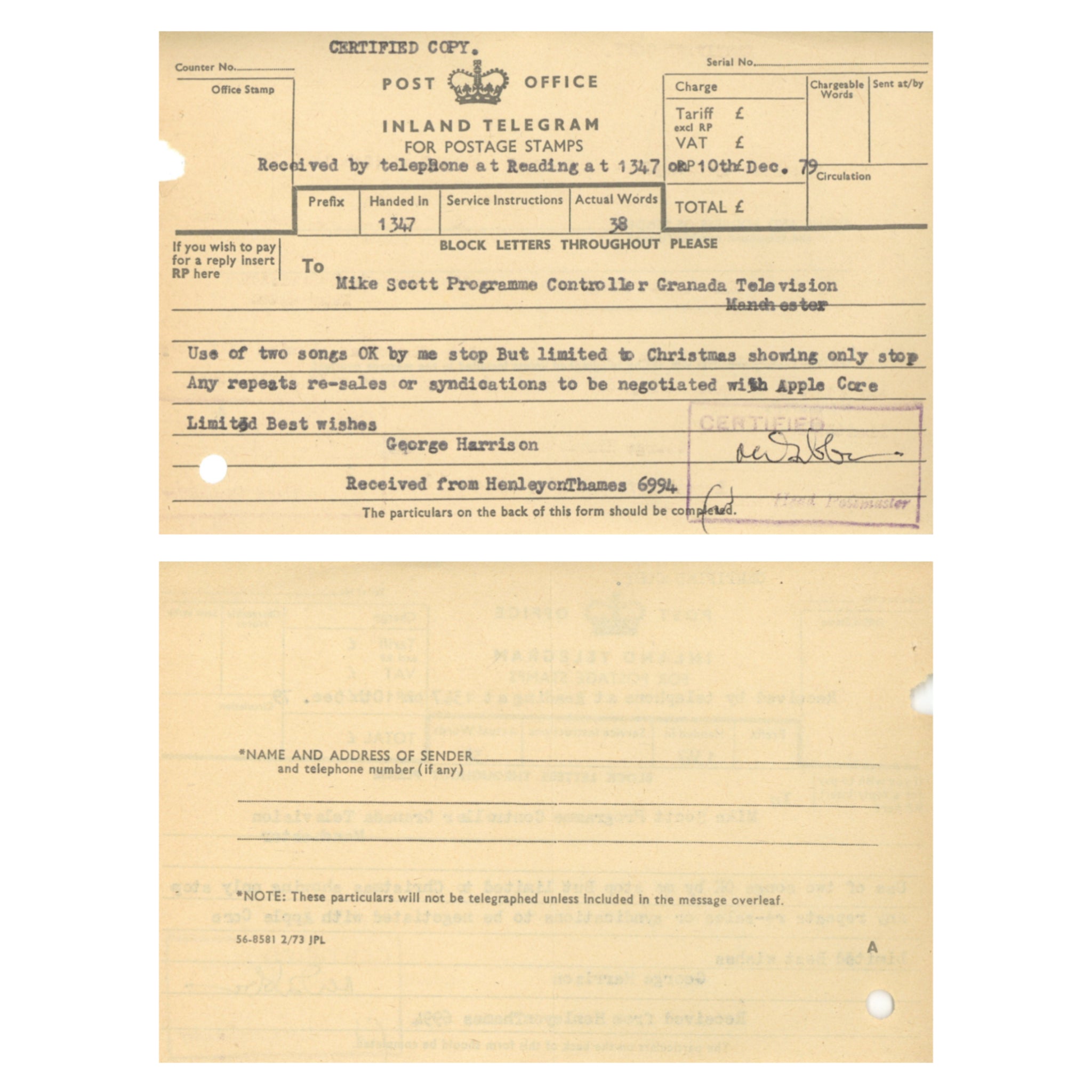 George Harrison annotated Telex 1979