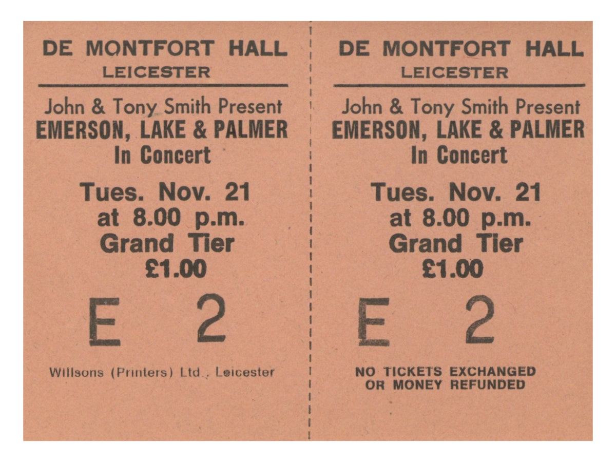Emerson, Lake & Palmer De Montfort Hall, Leicester Complete Ticket 1972