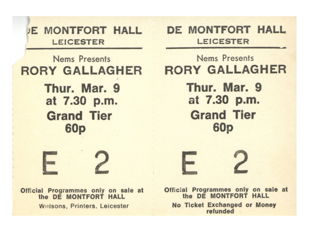 Rory Gallagher De Montfort Hall, Leicester Complete Ticket 1972