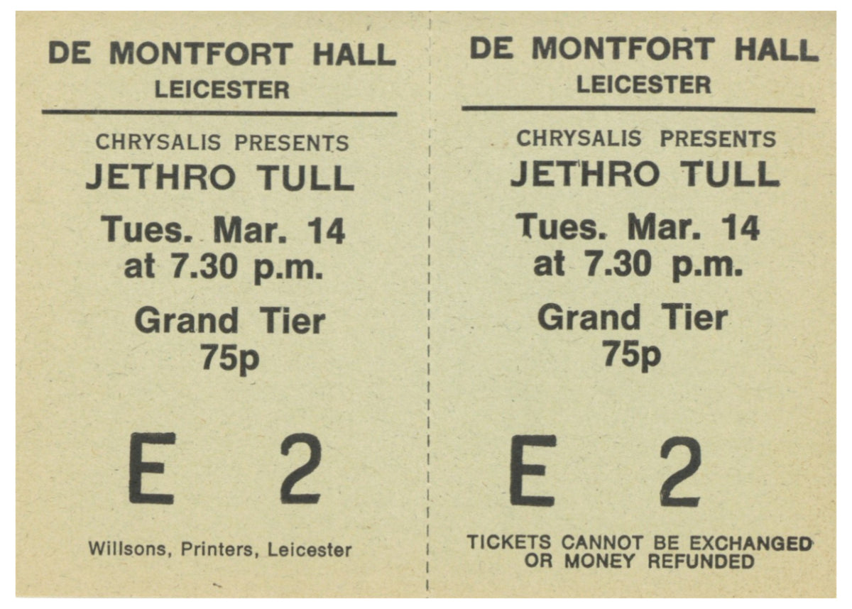 Jethro Tull De Montfort Hall, Leicester Complete Ticket 1972