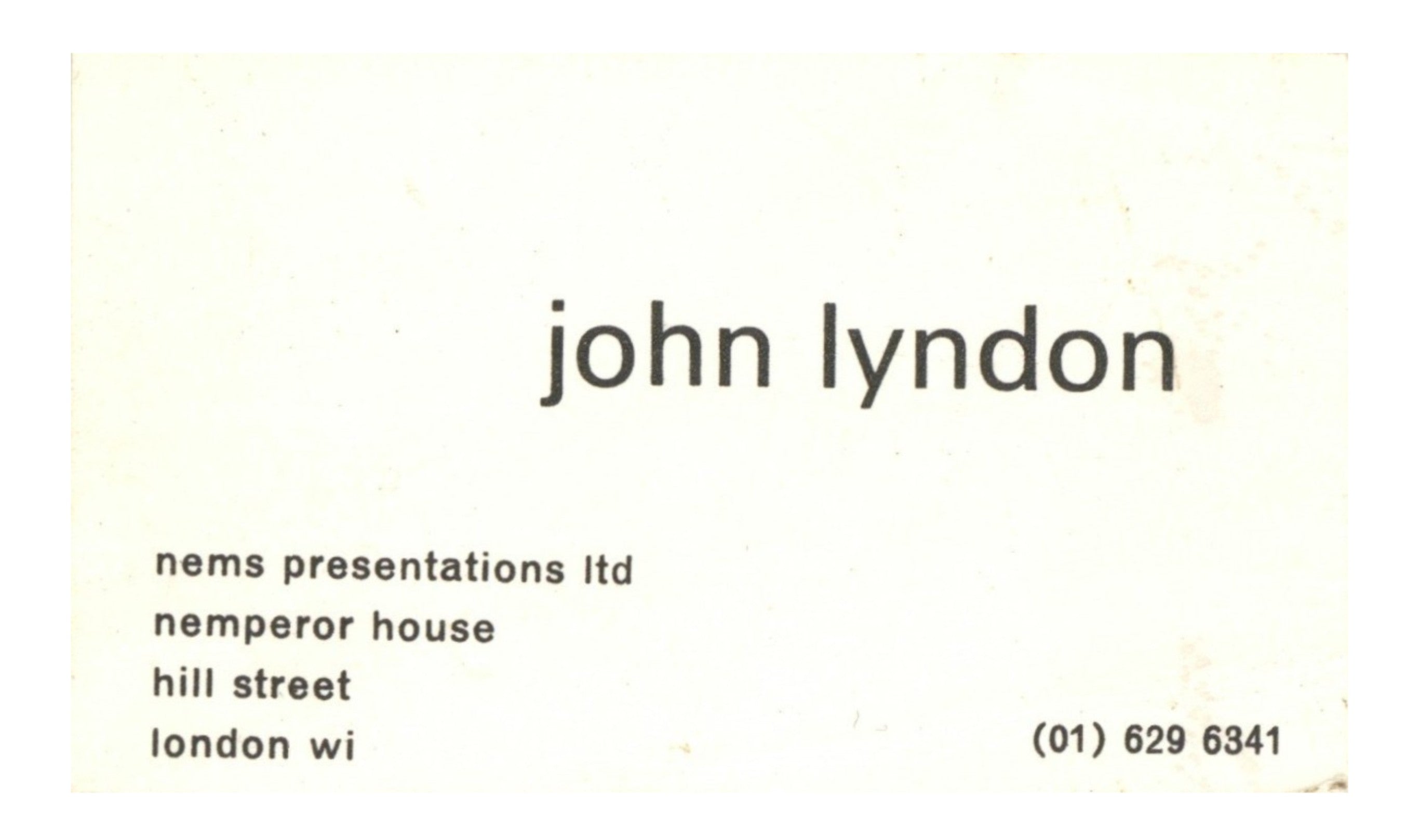 John Lydon NEMS Presentations Ltd Business Card
