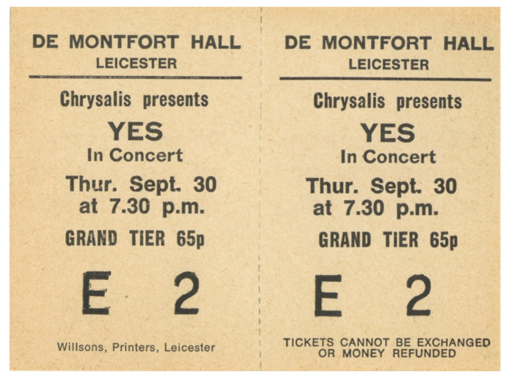 Yes De Montfort Hall, Leicester Complete Ticket 1971