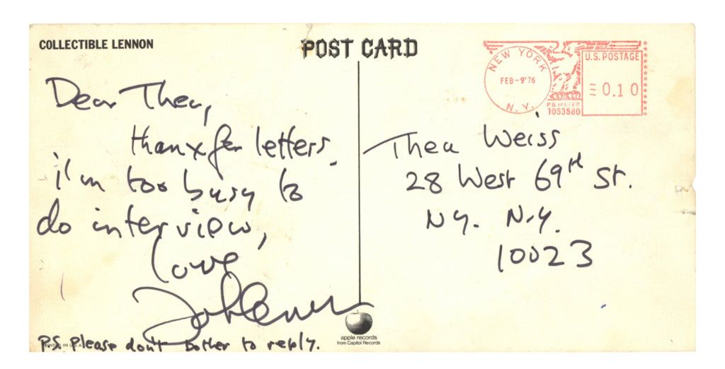 John Lennon handwritten Postcard 1976