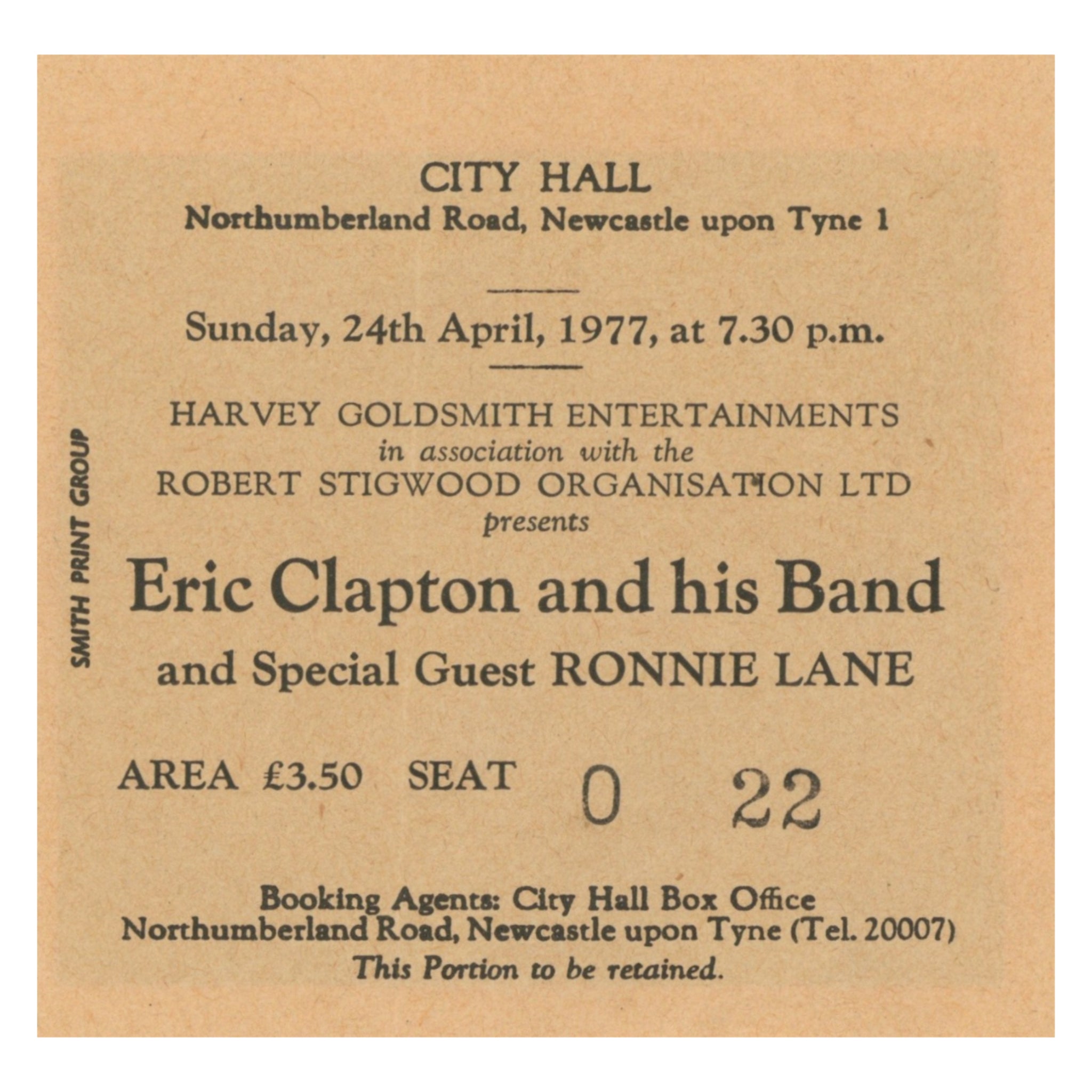 Eric Clapton and His Band — Newcastle Ticket Stub, 1977
