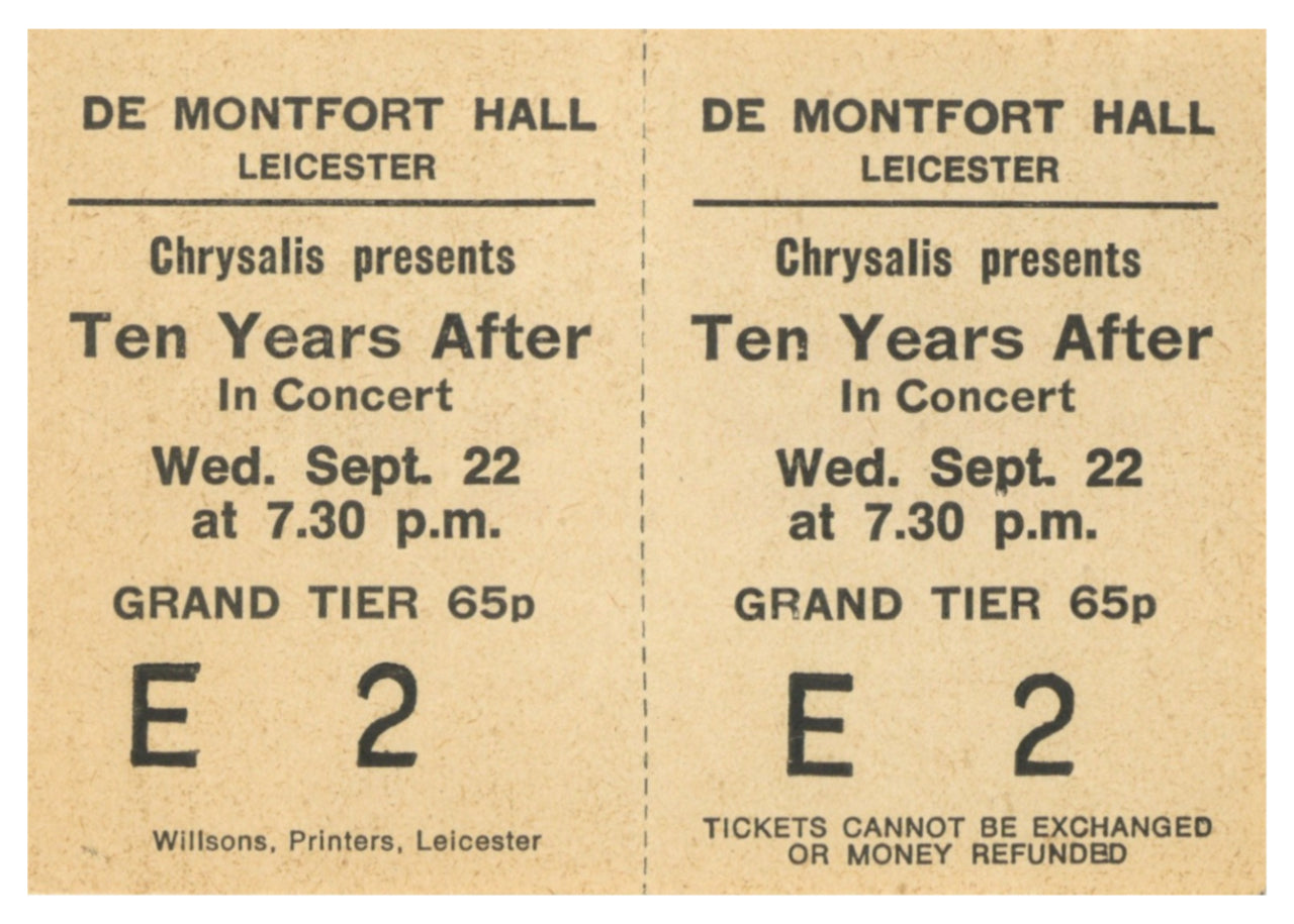 Ten Years After De Montfort Hall, Leicester Complete Ticket 1971