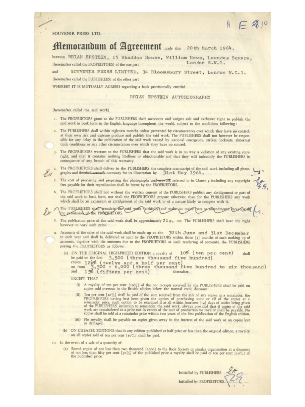 Brian Epstein Signed & Initialled Cellarful of Noise Contract & Book 1964