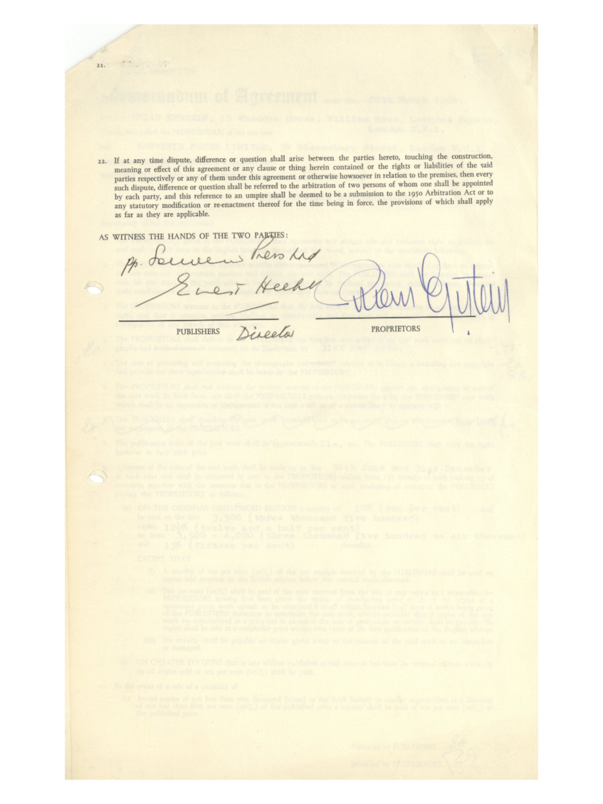 Brian Epstein Signed & Initialled Cellarful of Noise Contract & Book 1964
