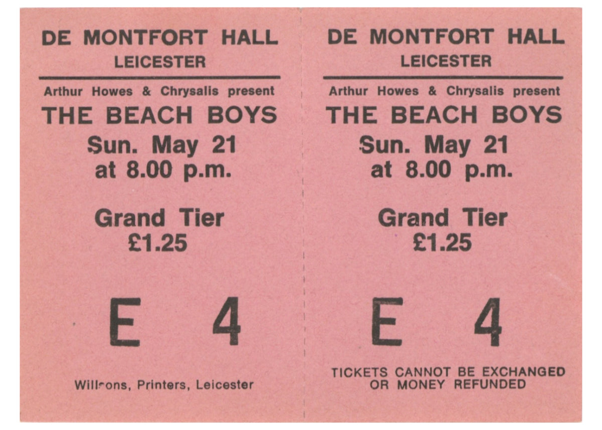The Beach Boys De Montfort Hall, Leicester Complete Ticket 1972