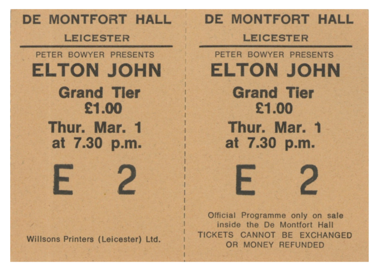 Elton John De Montfort Hall, Leicester Complete Ticket, 1973