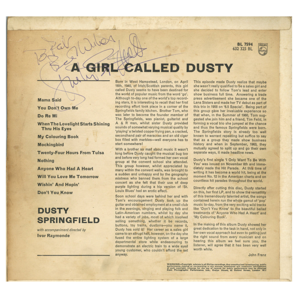 Dusty Springfield signed debut album “A Girl Called Dusty” 1964