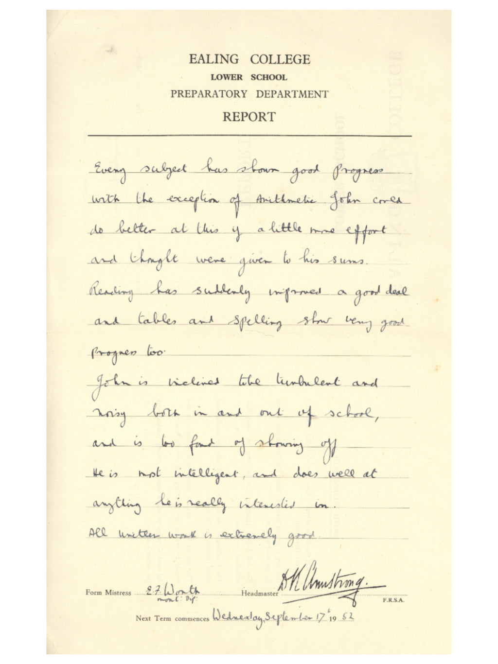 Mitch Mitchell school report card 1952