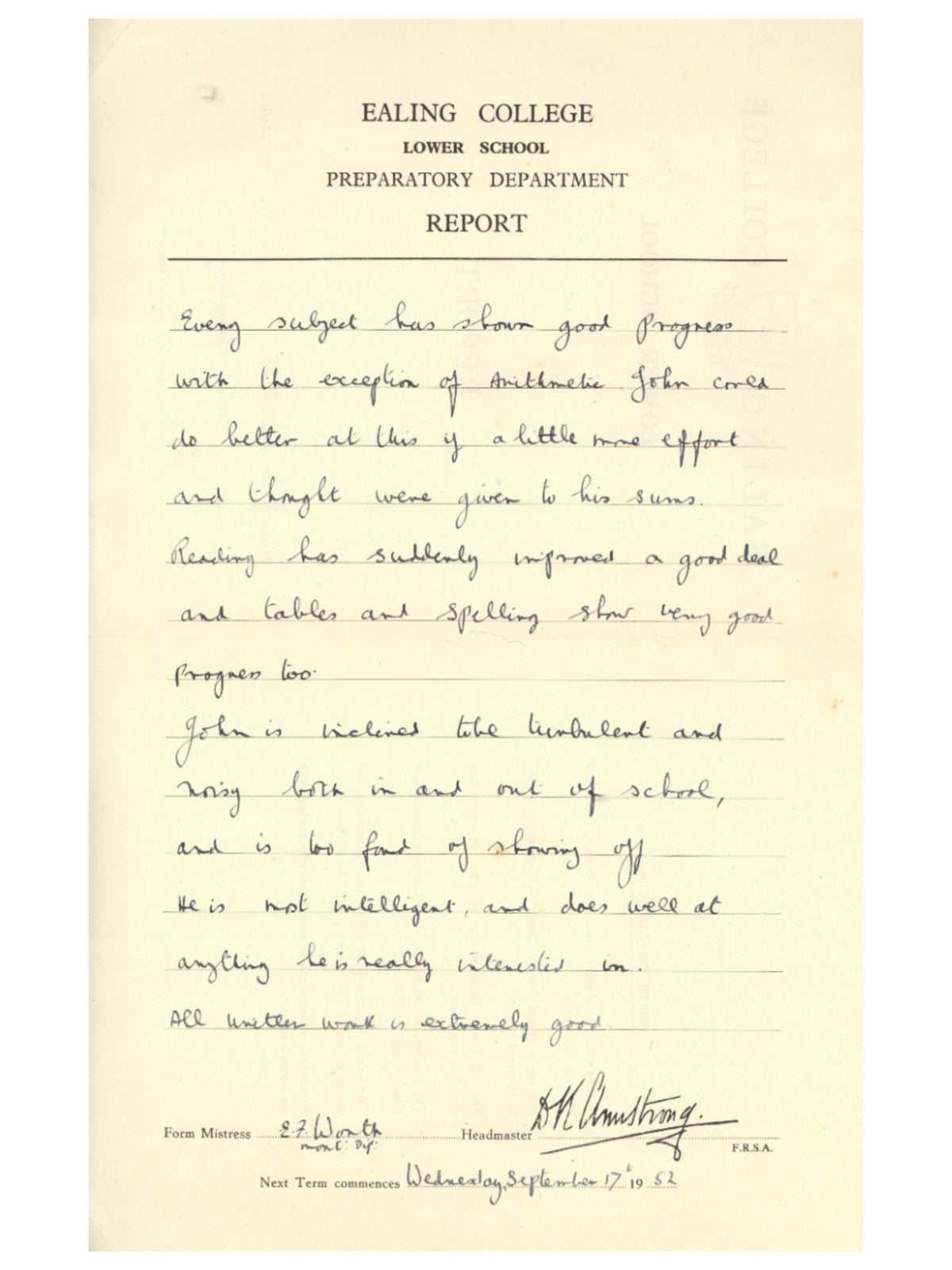 Mitch Mitchell school report card 1952