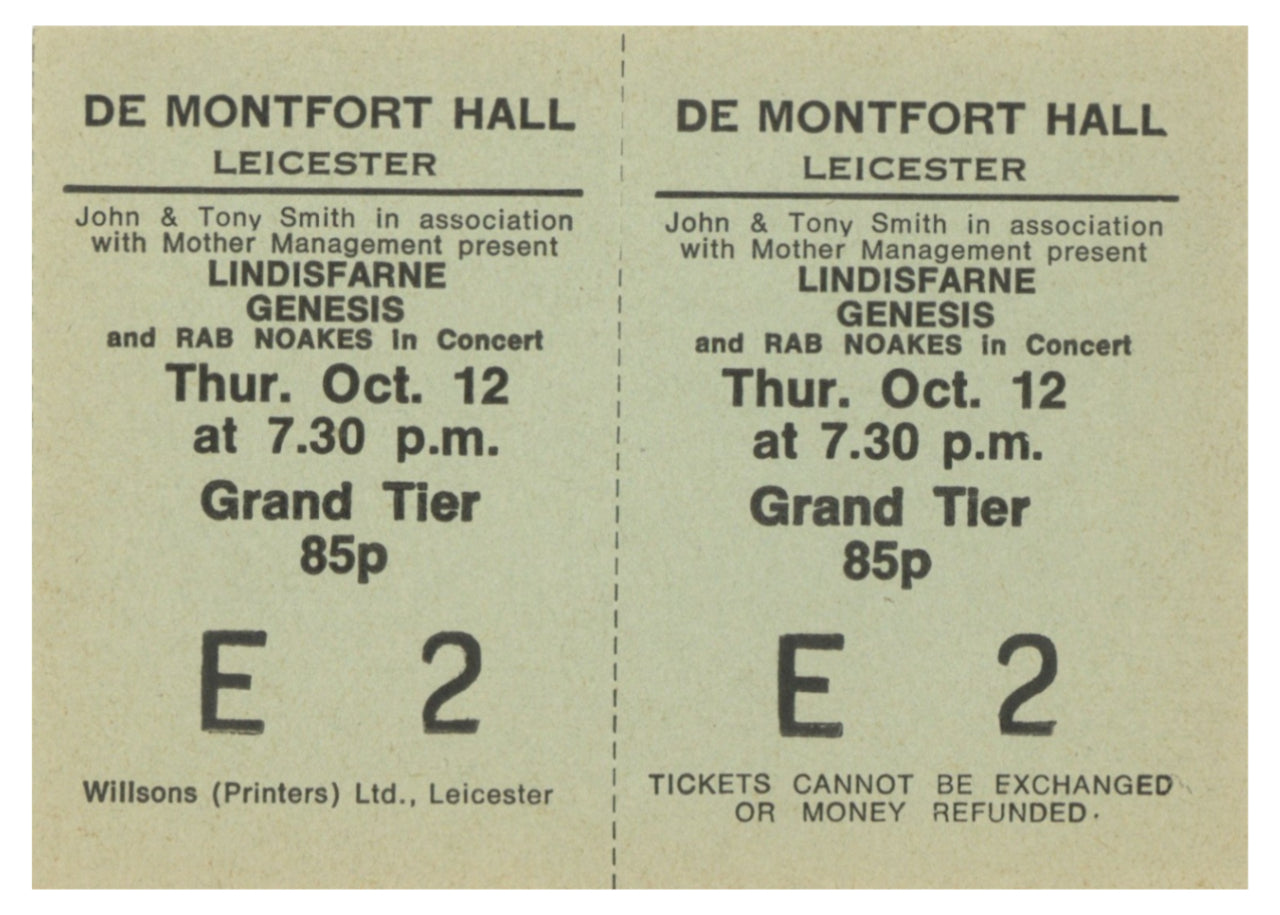 Lindisfarne, Genesis, and Rab Noakes De Montfort Hall, Leicester Complete Ticket, 1972