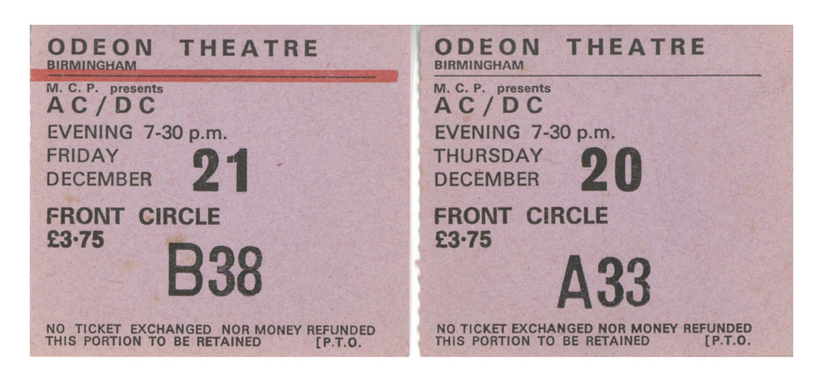 AC/DC Odeon Theatre Birmingham Ticket Stubs 1979