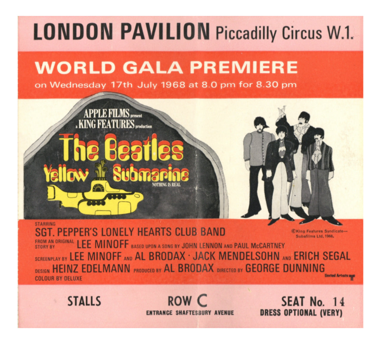 The Beatles Yellow Submarine world gala premiere movie ticket stub 1968