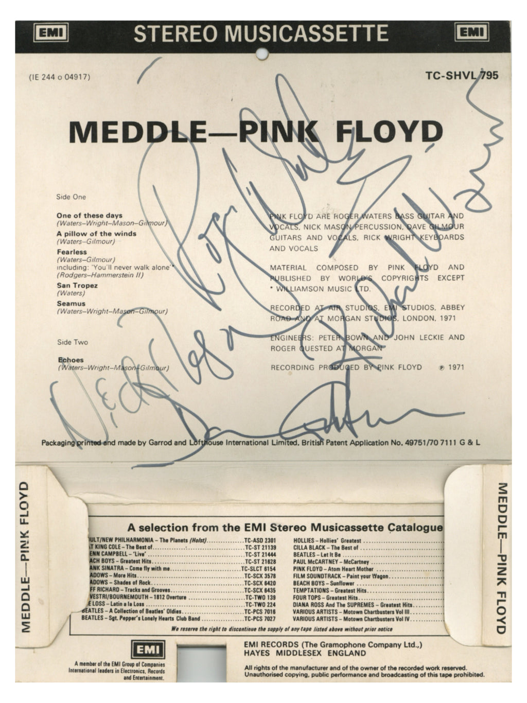 Pink Floyd signed Meddle UK stereo musicassette release inlay 1972