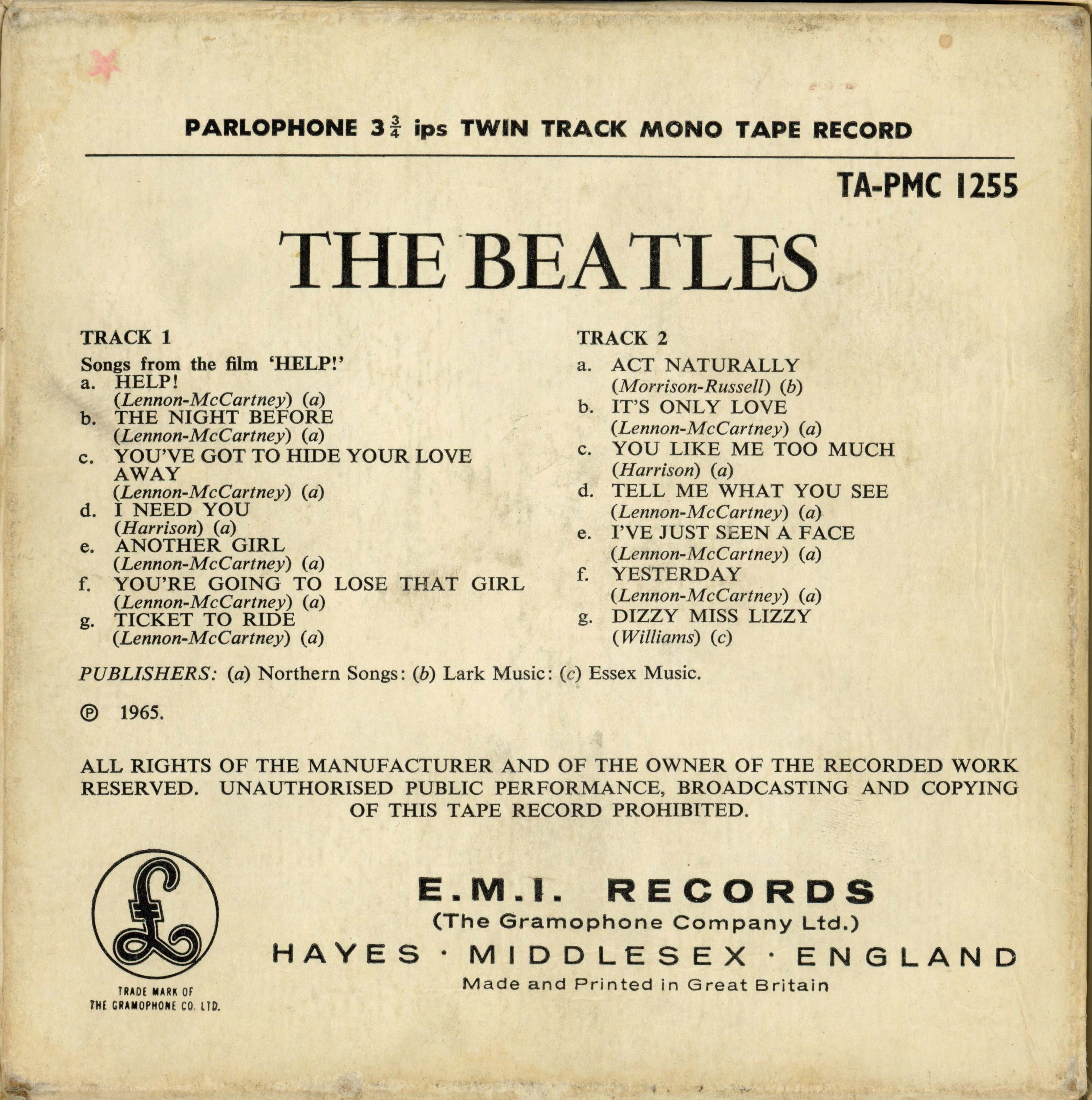 The Beatles 1965 Help! Mono Reel to Reel Tape