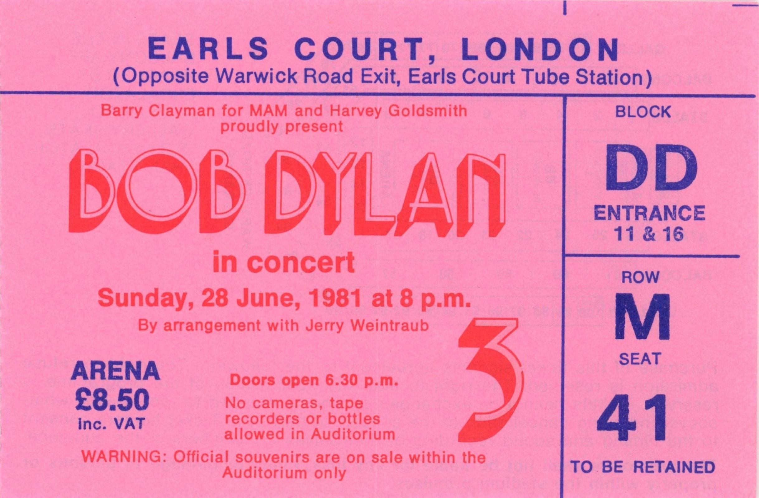 Bob Dylan 1981 Earls Court Ticket stub