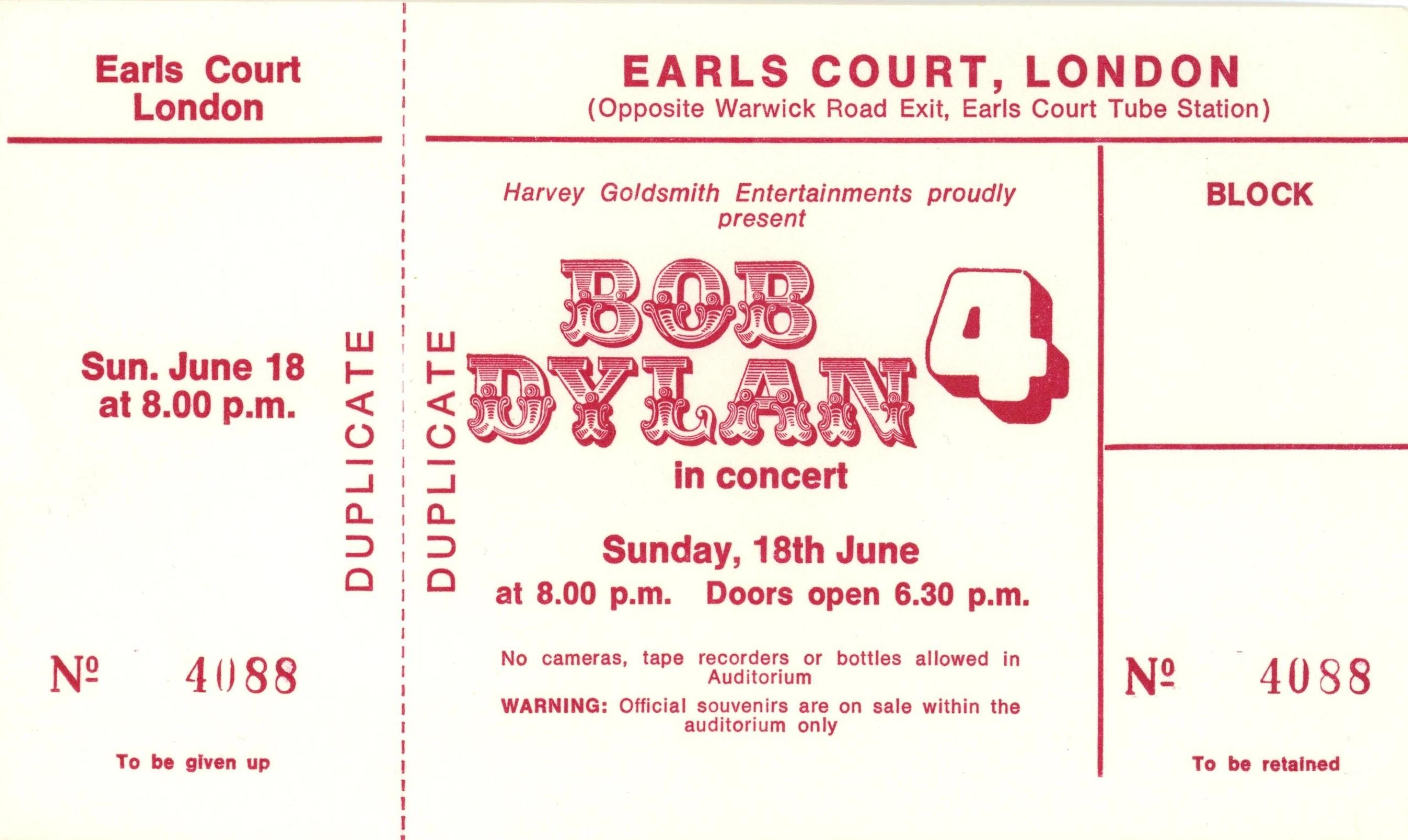 Bob Dylan Earls Court Ticket 1978