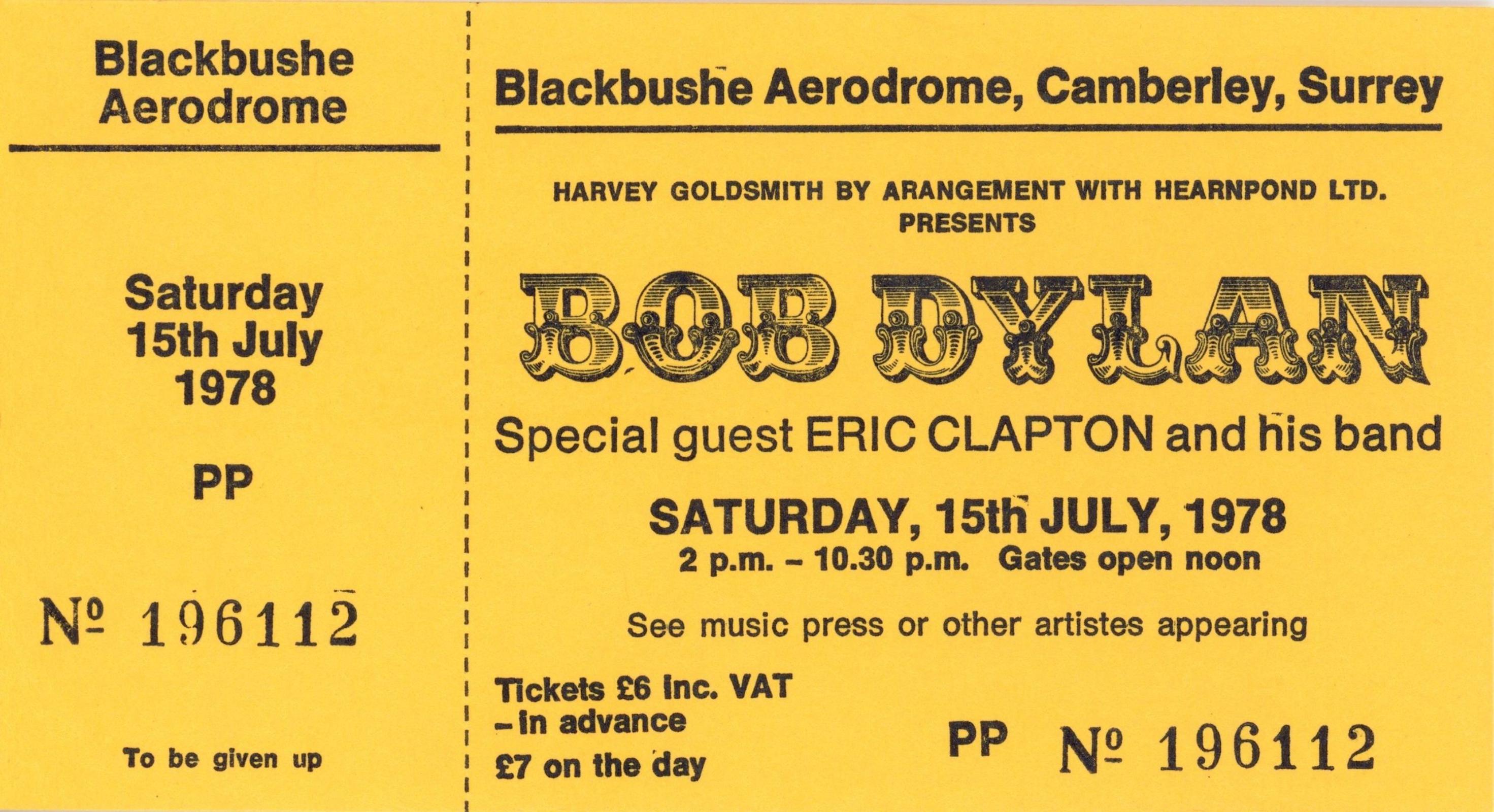 Bob Dylan Aerodrome Ticket 1978