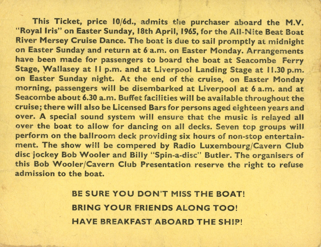 Bob Wooler 1965 All Night Beat Boat Liverpool Concert Ticket