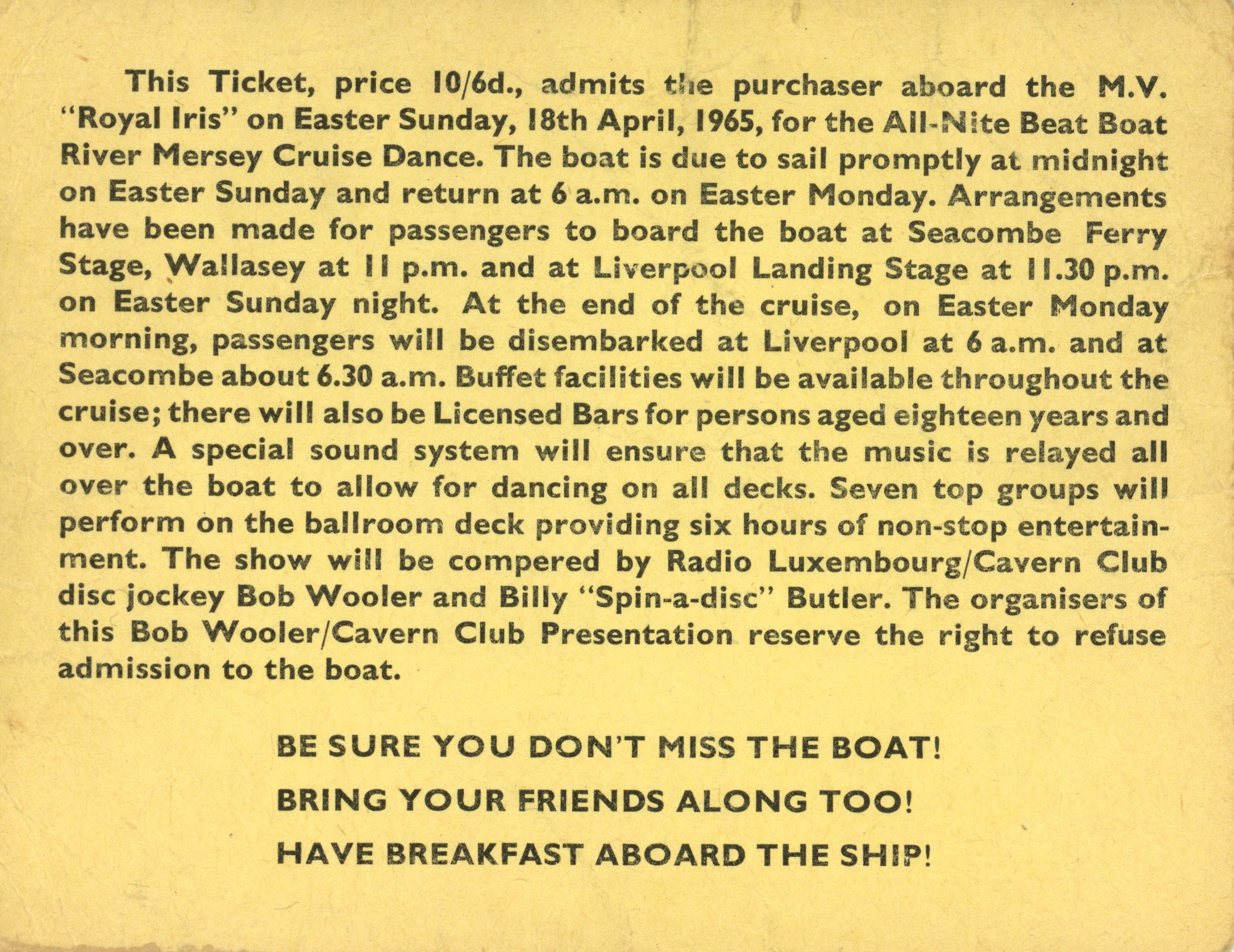 Bob Wooler 1965 All Night Beat Boat Liverpool Concert Ticket