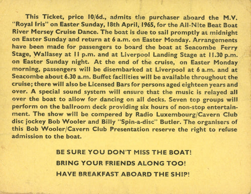Bob Wooler 1965 All Night Beat Boat Liverpool Concert Ticket