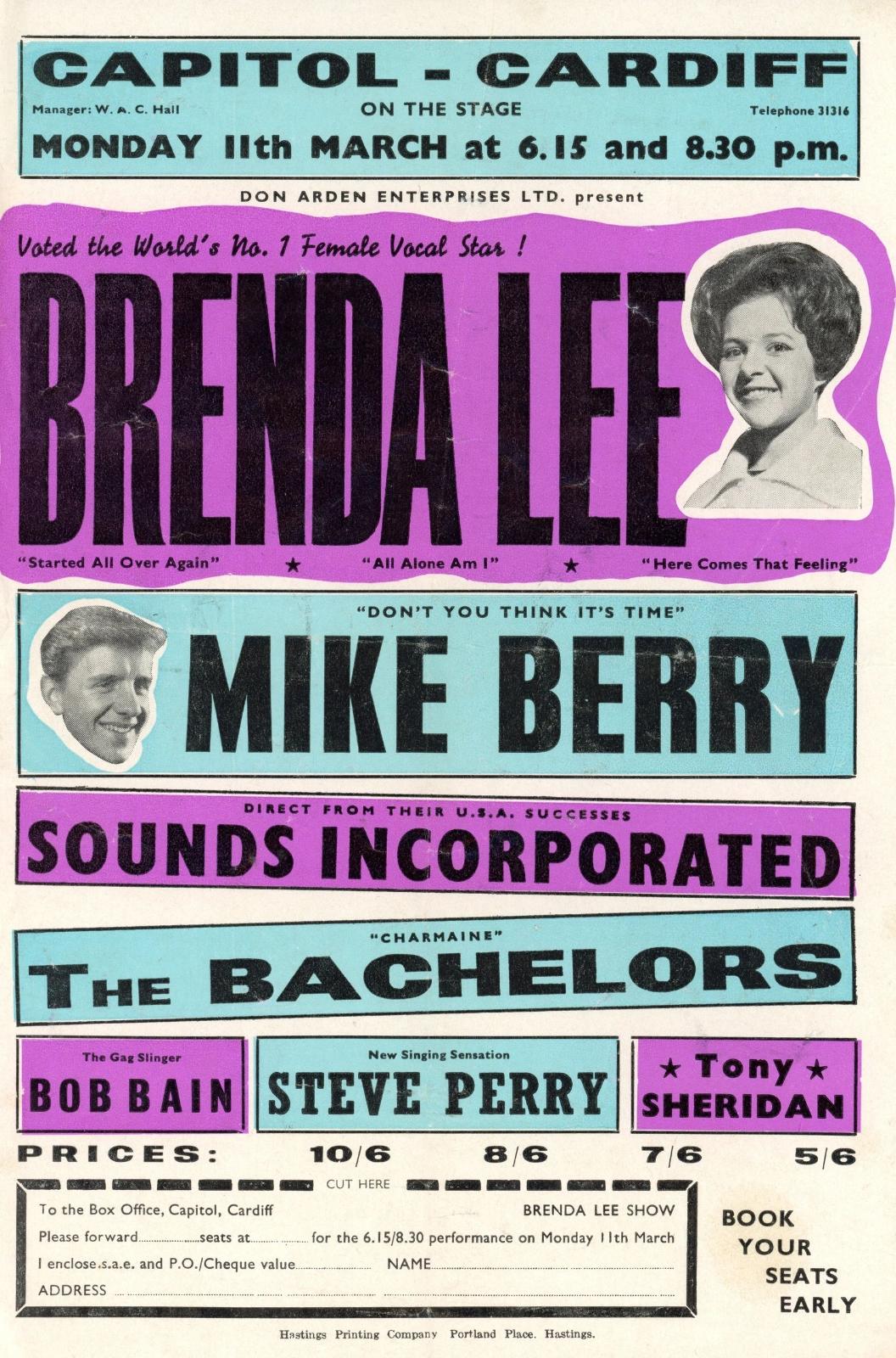The Brenda Lee show Capitol Theatre, Cardiff 1963 handbill and ticket