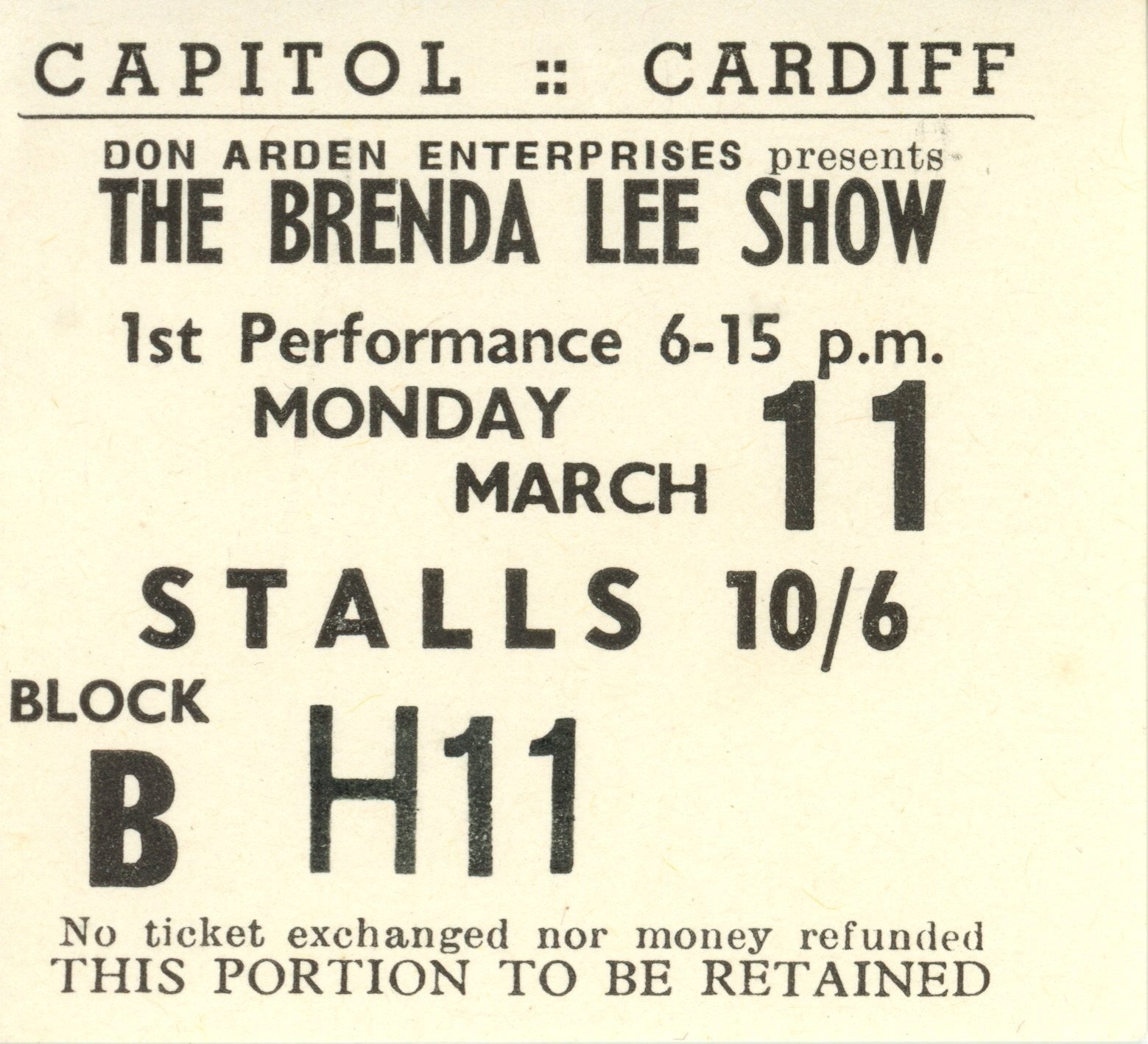 The Brenda Lee show Capitol Theatre, Cardiff 1963 handbill and ticket