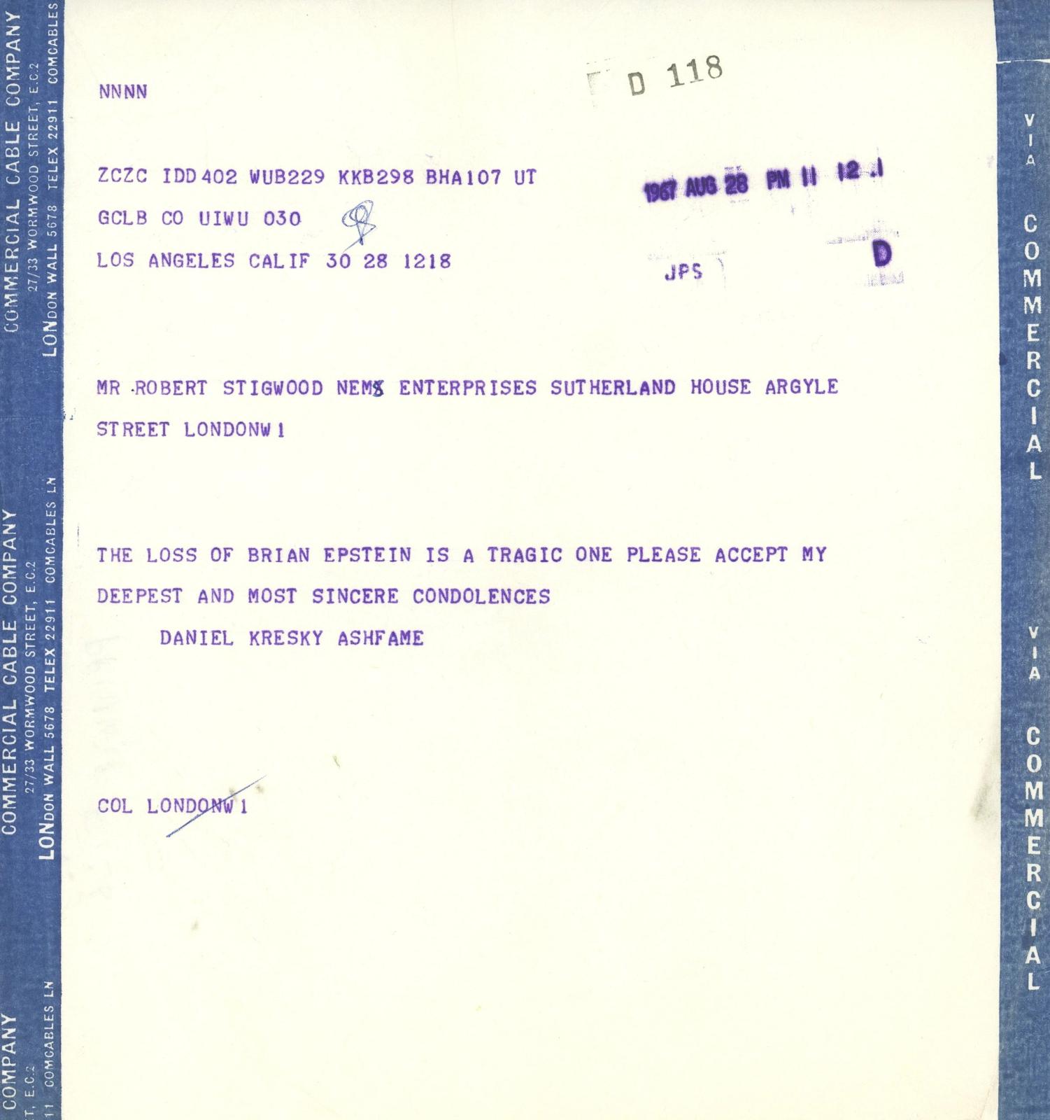 Telegram sent to Robert stigwood regarding the death of Brian Epstein 1967